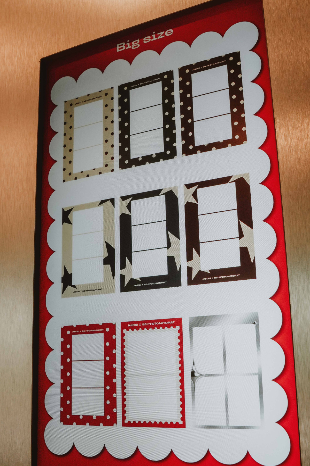 Display of custom photobooth photo strip frame designs by 96 Fotoautomat