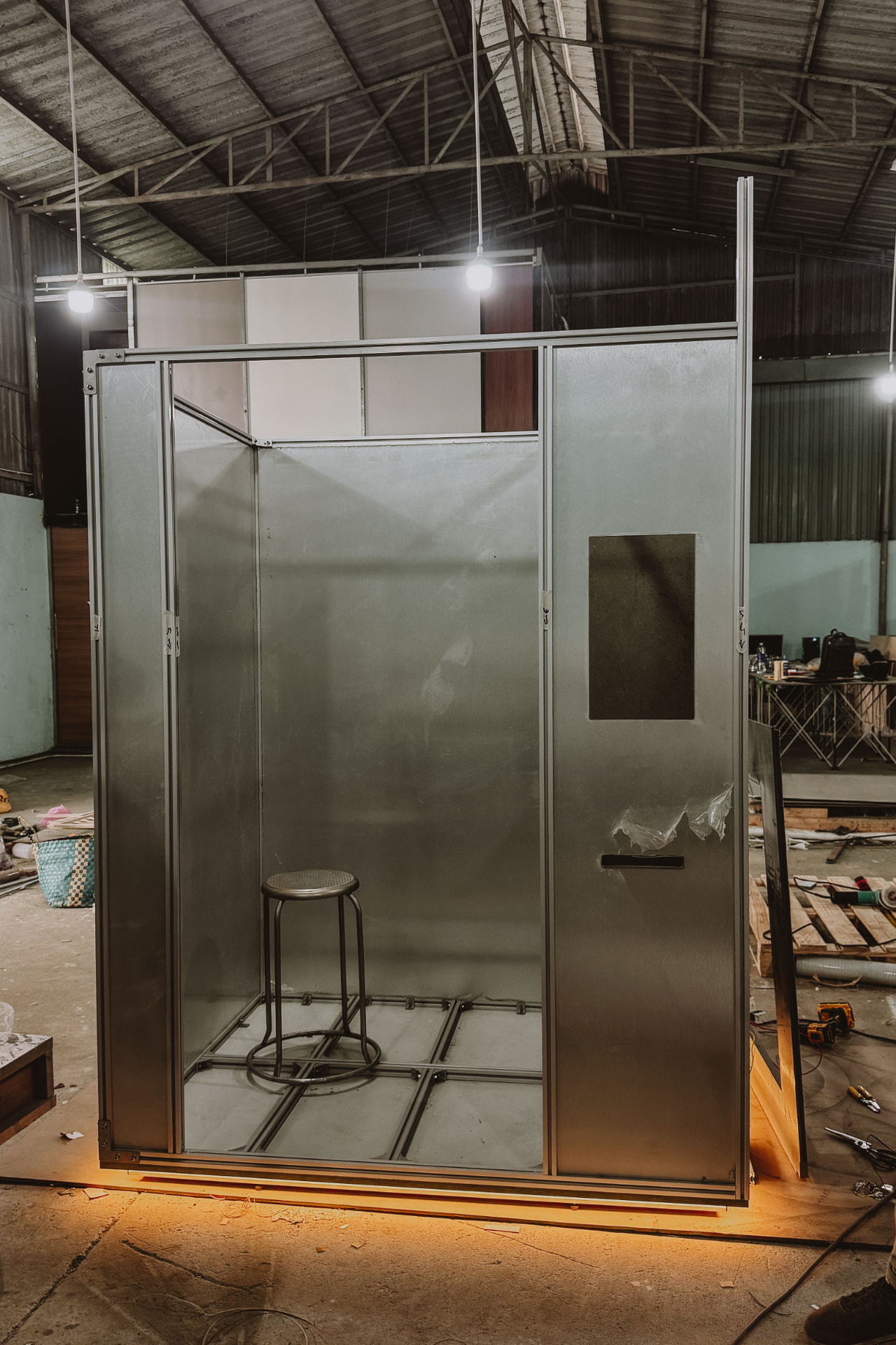 Large photobooth cabin frame under construction in the 96 Fotoautomat workshop