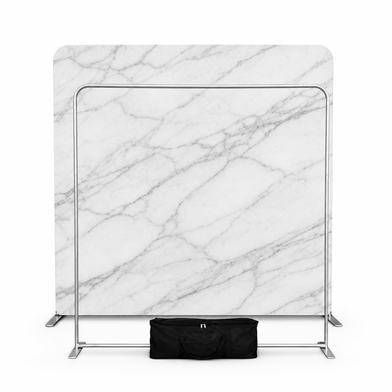 Portable 8ft x 8ft photobooth backdrop stand with marble-patterned fabric and carry bag