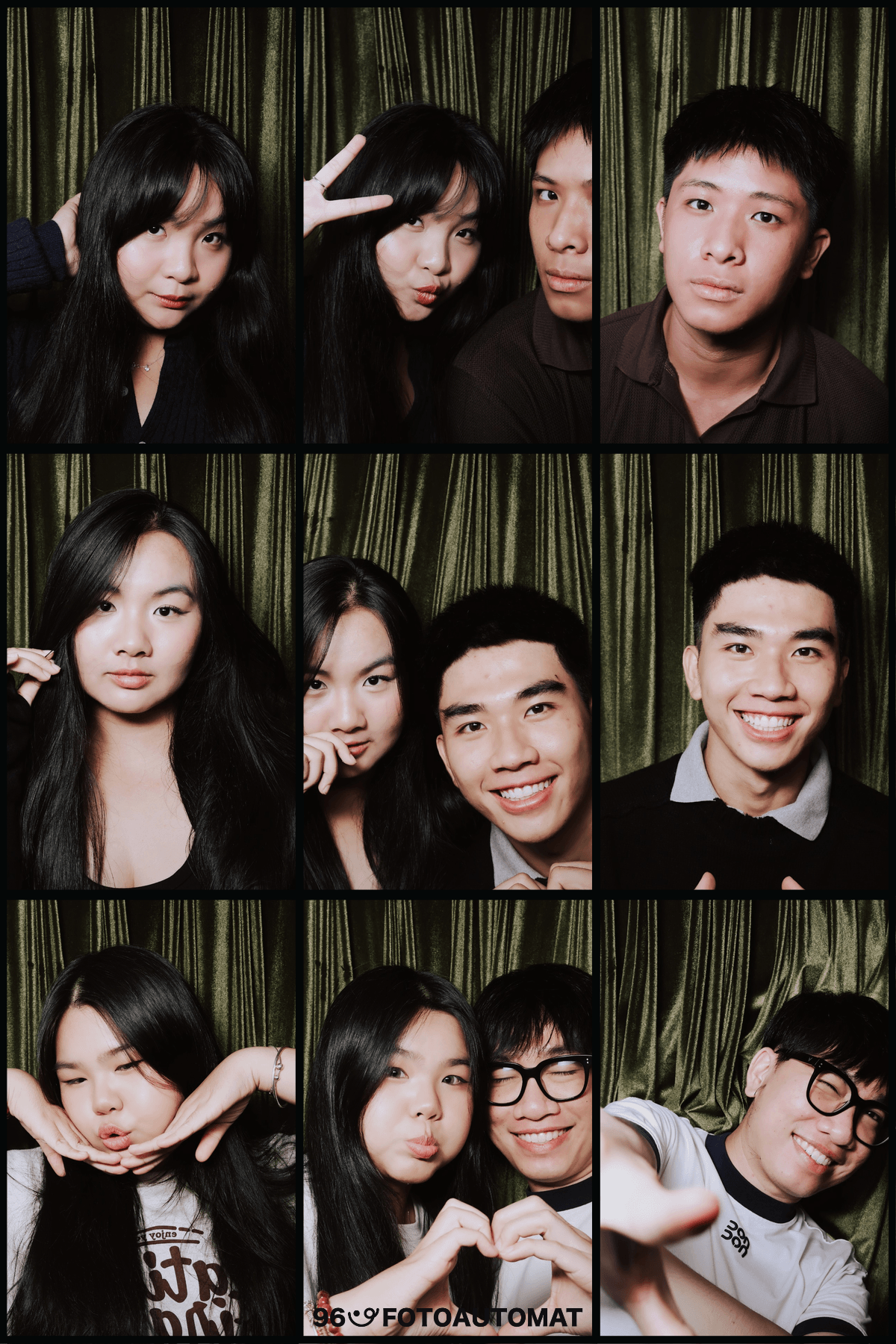 Photo strip collage of guests posing in a 96 Fotoautomat photobooth