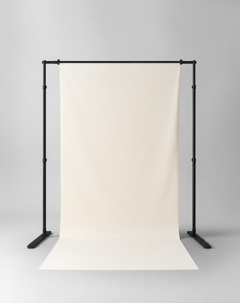 Portable photobooth backdrop stand with ivory fabric backdrop