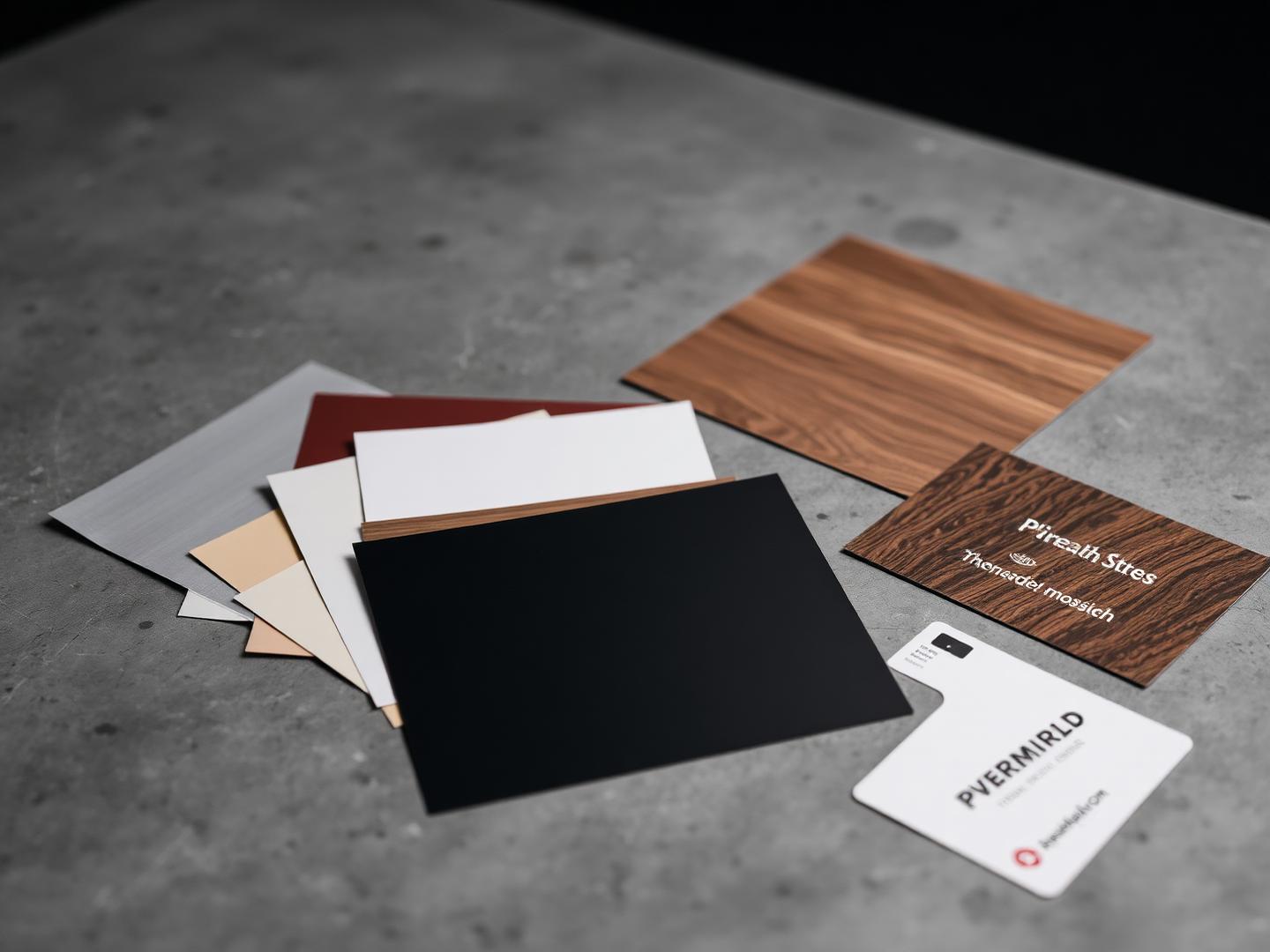 Photobooth finish samples: aluminium, powder coat, walnut veneer and branding decals