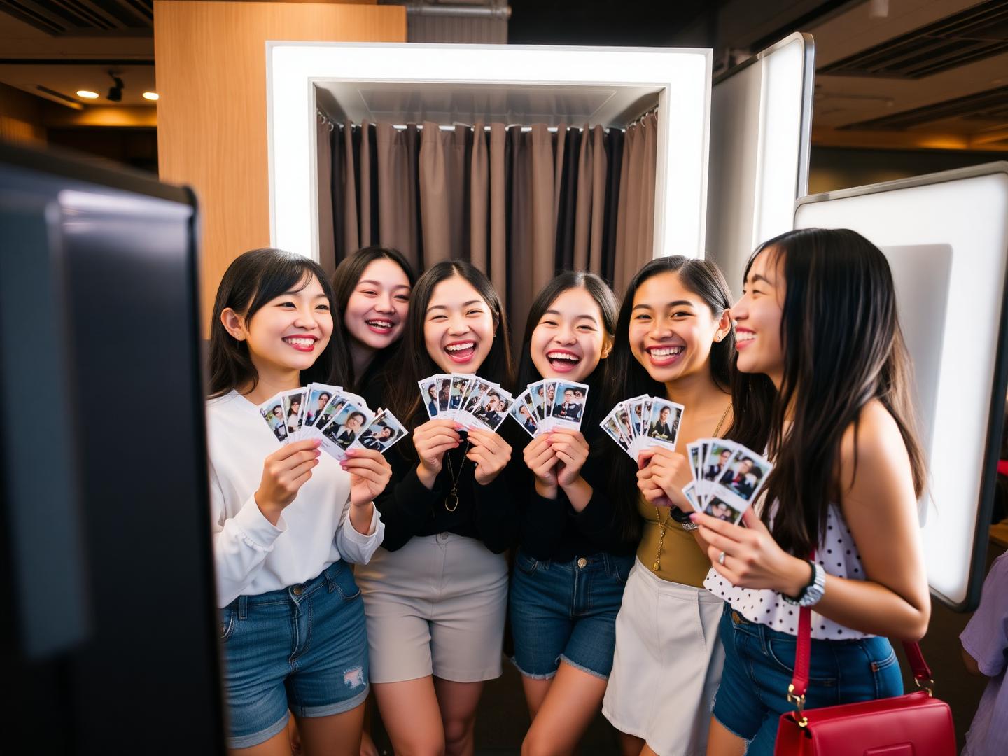 Friends laughing beside a photobooth holding printed photo strips