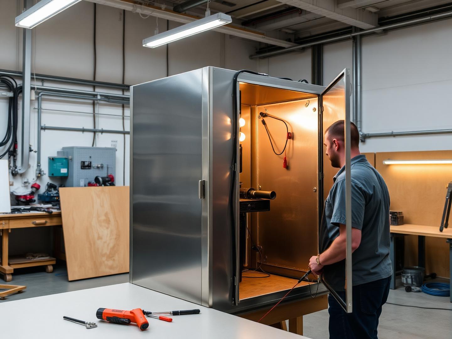 Technician assembling a photobooth cabinet in the workshop