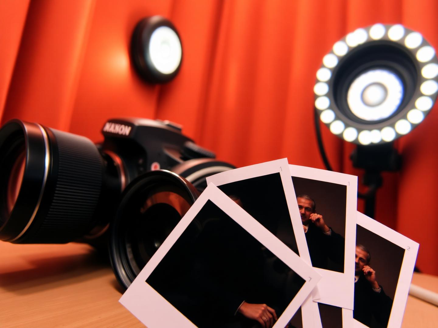 Close-up of printed photo strips beside a DSLR camera and ring light inside a photobooth