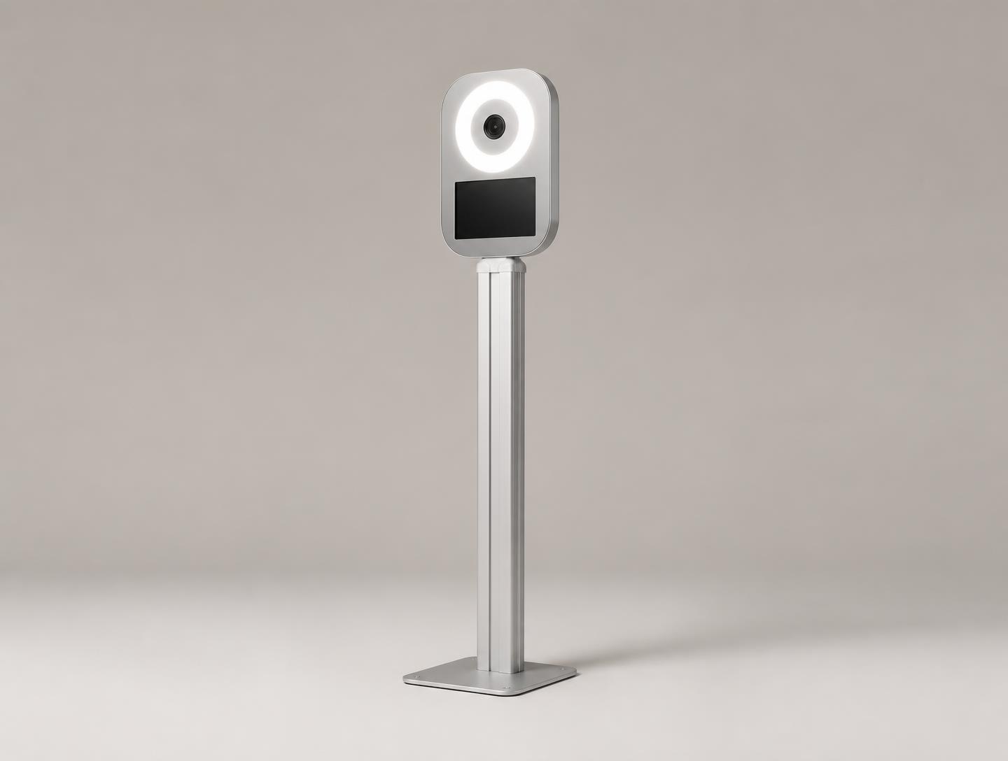 Open air photobooth stand with ring light and touchscreen