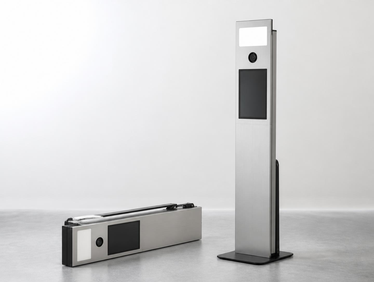 Portable folding photobooth shown upright and folded flat