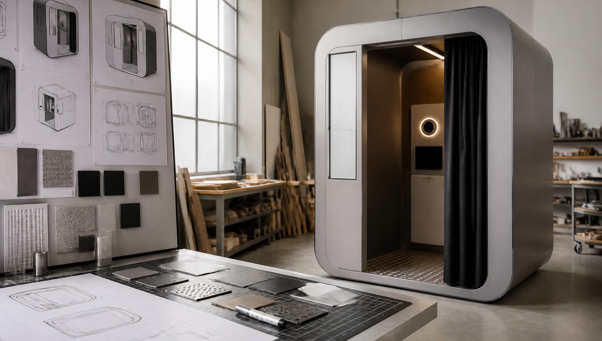 Custom photobooth under construction in the workshop beside sketches and material samples