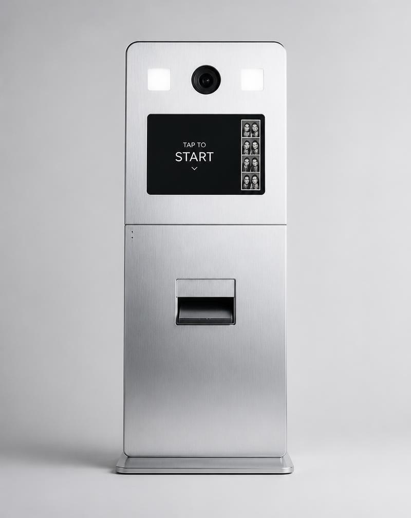 K02 Kiosk Fold photobooth machine in brushed aluminium