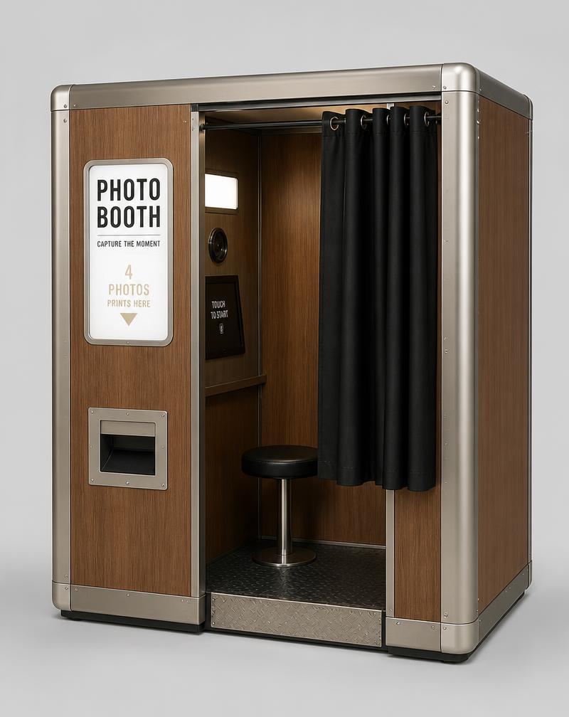 P01 Classic Cabin enclosed photobooth in walnut and metal